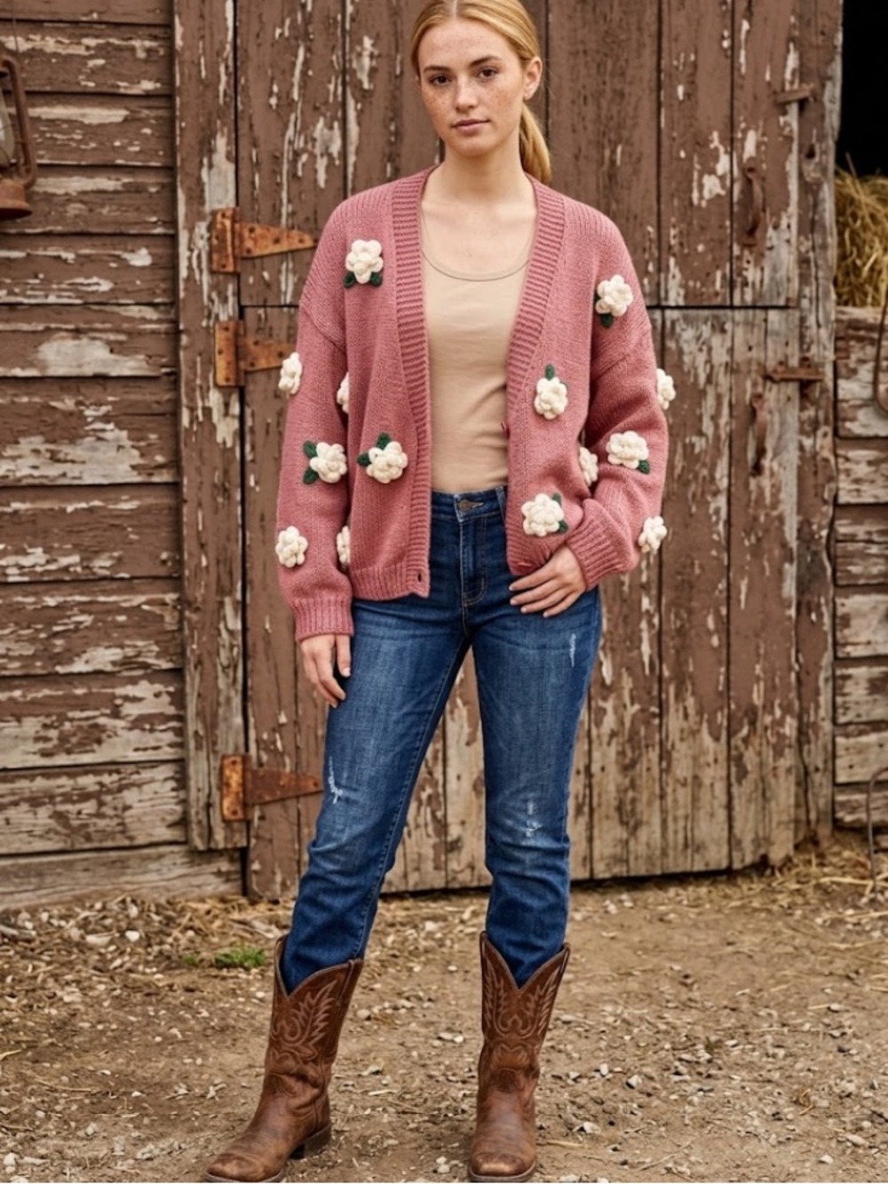 Luna Ivy Dusty Rose 3D Floral Chunky Knit
Cardigan Sweater - Size Medium
